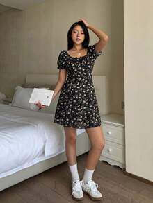 少女海军蓝碎花蝴蝶结领修身泡泡袖迷你连衣裙，适合派对、度假、海边奶奶装扮 - 黑色 - 查看 3