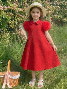 Elladie kids 1 pieza Vestido recto con espalda de malla, diseño floral con diamante de imitación, manga corta, estilo suelto y holgado para niñas, simple pero elegante y de estilo princesa - Rojo - Ver 4