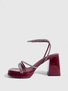 CUCCOO SZL Women's Square Toe Rhinestone Ankle Strap Sandals For Christmas Summer Shoes - Burgundy - View 4