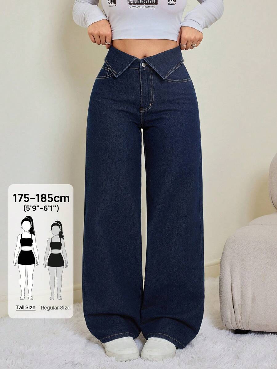 SHEIN Tall Women's Fold-Over Waist Wide Leg Loose Casual Jeans - Dark Wash - View 1