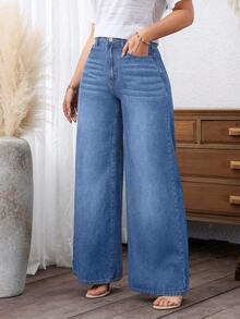 SHEIN Jeans acampanados azules sin estiramiento talla grande para mujer, atuendos de estilo vaquero para primavera - Azul - Ver 5
