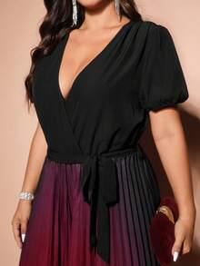 Allurite Plus Size Elegant Ombre Pleated Jumpsuit Gym Brown Summer - Multicolor - View 3