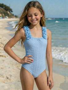 SHEIN Bộ đồ bơi liền thân màu xanh dương họa tiết hoa dễ thương dành cho bé gái tuổi teen, thích hợp cho mùa hè. - Màu xanh lam - Xem 3