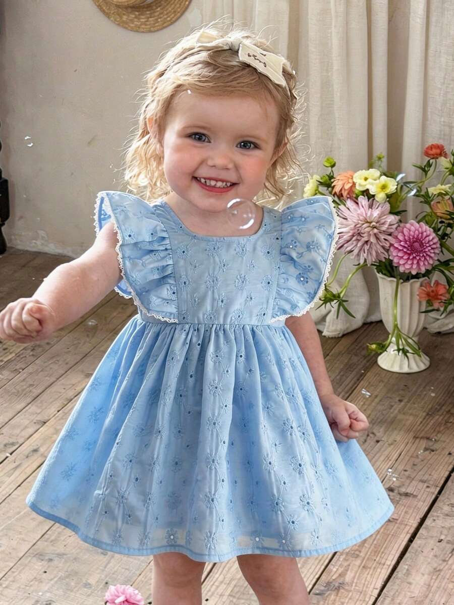 SHEIN LMoss Kids 女婴纯色梭织方领荷叶边下摆休闲连衣裙 - 藍色 - 查看 1