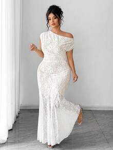 Elenzga Plus Size Women's Elegant French Lace Asymmetrical Shoulder Fishtail Dress, Suitable For Birthday Party, Date, Summer - White - View 3