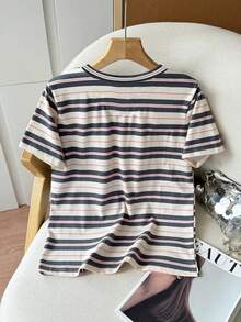 Resyla 女士条纹印花圆领爱心刺绣休闲短袖T恤 - 彩色 - 查看 2