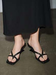 Women's Square Toe High Heel Flip Flops, Black Casual Summer Slippers - Black - View 3