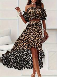 Breezaya Conjunto de blusa corta con hombros descubiertos y estampado de leopardo con volantes y falda asimétrica - Multicolor - Ver 1