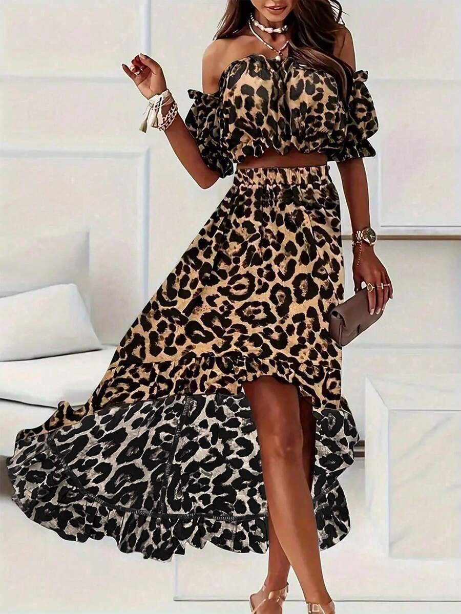 Breezaya Conjunto de blusa corta con hombros descubiertos y estampado de leopardo con volantes y falda asimétrica - Multicolor - Ver 1