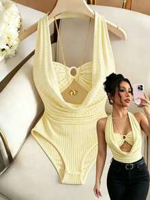 Selianne 女士 Y2K 法式奶油色纹理条纹夏季甜辣风抹胸式深V领吊带连体衣，舒适适合海滩度假 - 黃色 - 查看 1