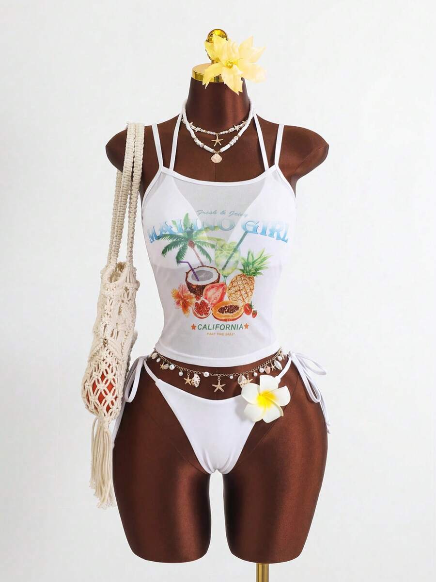 Zestiva 三件套：夏季度假沙滩网纱印花纯色吊带背心、三角比基尼上衣和系带泳裤，性感女士吊带泳衣套装 - 白色 - 查看 1