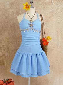 少女纯色露背金属装饰休闲连衣裙 - 藍色 - 查看 8