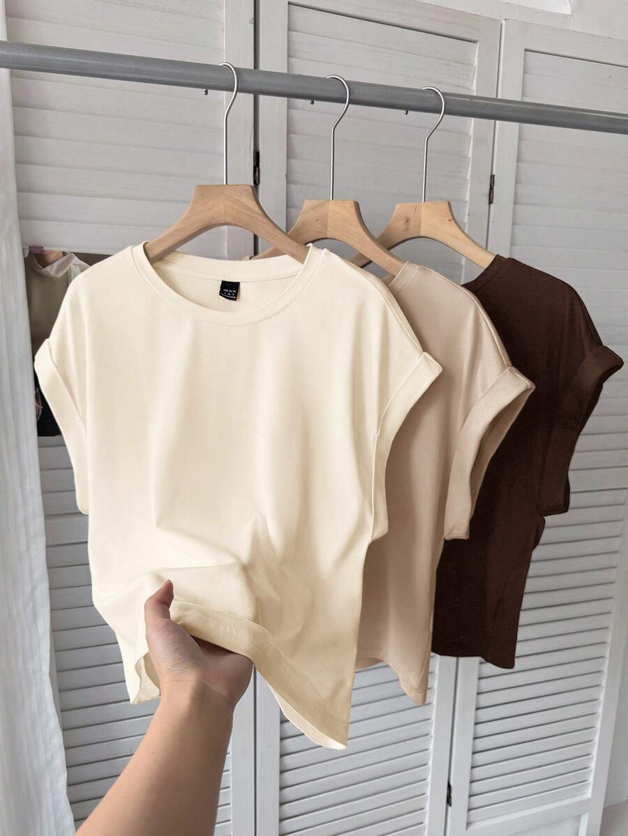SHEIN LUNE 3件套女士休闲纯色基础款短袖T恤可爱上衣基础款上衣外出机场女装街头风外出上衣夏季女装3件套女士露脐上衣女士T恤女士外出上衣女士节日上衣奶油黄外出上衣女士纯色上衣纯色上衣休闲 - 卡其色 - 查看 1
