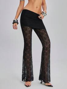 TypaGal Women's Black Lace Floral Autumn Trashy Y2k Sexy Party Clubbing 2 In 1 Lace Fabric Flared Pants Slim Fit.Vintage Holiday Ibiza Beachwear Boho Chic - Black - View 3