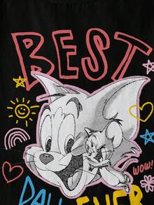 TOM & JERRY X SHEIN Áo thun in chữ hoạt hình phong cách thường ngày cho bé gái, thích hợp mặc mùa hè. - trắng - Xem 3