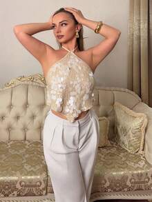 Jeta Ari 女士性感亮片露背吊带上衣，夏季海滩度假波西米亚热带度假音乐会锐舞节乡村音乐会伊比沙岛纳什维尔西部风女装波西米亚街头风热带辣妹西部风女装可爱夏季上衣 - 白色 - 查看 5