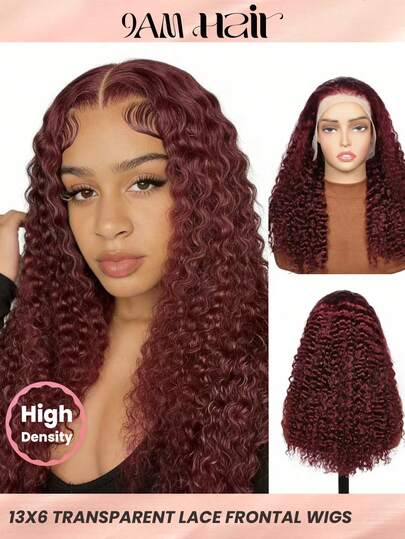 13X6蕾丝前额假发，真人发缅甸卷发假发，99J酒红色，200%密度，预先拔毛，自然发际线，蓬松卷发，柔软有弹性，佩戴舒适，适合女性