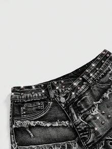 ROMWE J-Fashion Women's Y2K Retro Subculture Distressed Beaded Decor Ripped Tight Fitted Denim Mini Skirt - Grey - View 3
