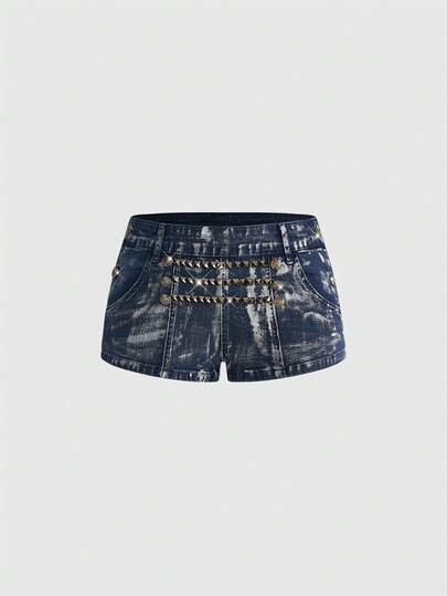 ROMWE Grunge Punk Quần short denim cạp thấp rách rưới với họa tiết neo đinh tán kim loại phong cách punk hàng hải.