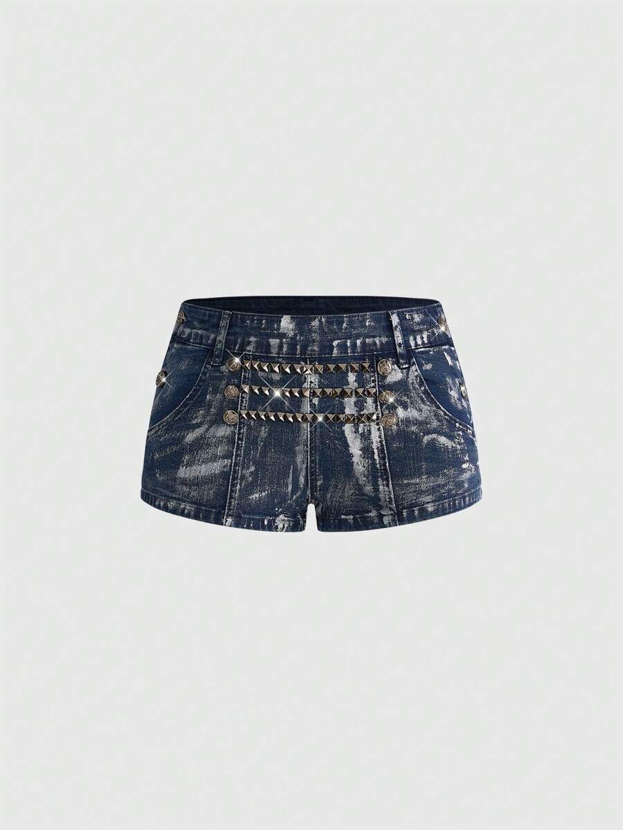 ROMWE Grunge Punk Shorts vaqueros mini de tiro bajo con patrón de ancla de remaches metálicos estilo náutico punk desgastado - Azul lavado oscuro - Ver 1