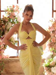 Glamrae Elegant Formal Soft Yellow Stretch Mesh Halter Neck Gown Glamorous Bodice Applique Sequins All-Over Pleats Mermaid Train Dress Wedding Guest - Mustard Yellow - View 3