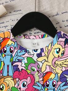 My Little Pony X SHEIN Camiseta de manga corta de cuello redondo casual con estampado de dibujos animados para niñas jóvenes, verano - Blanco - Ver 4