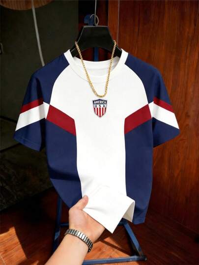 Aesthetic Post Camiseta de manga corta con cuello redondo, estampado de eslogan americano y bloques de color, adecuada para verano, fútbol, deportes y actividades al aire libre