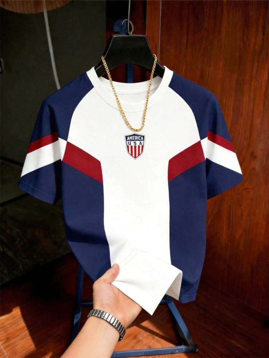 Aesthetic Post Men's Vintage Football Jersey America Bloke Core Round Neck T-Shirt,Red White And Blue Independence Day Streetwear Summer Vacation Slogan Print Top, Soccer