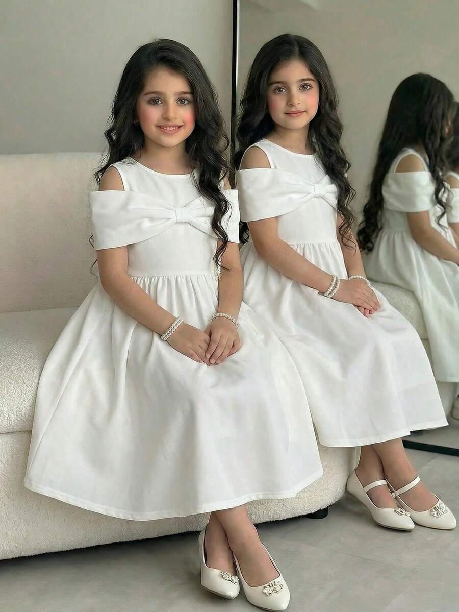 Robe élégante à épaules dénudées, col rond et nœud papillon pour jeune fille - Blanc - Voir 1