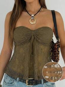 SHEIN EZwear Women's Summer Sexy Beach Vacation Style Solid Color Lace Drawstring Ruched Babydoll Tube Top - Olive Green - View 8