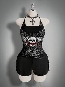 SHEIN ICON 大码女式哥特蕾丝拼接衬衫 - 黑色 - 查看 3