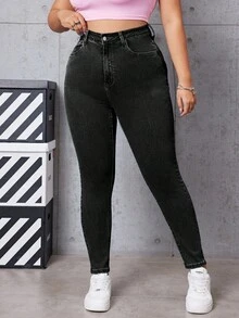 SHEIN EZwear Damen Jeans in Große Größen, Lässig Daily Commute Mode, Street Chic Minimalismus, Hoher Bund, Skinny Fit - Schwarz - Übersicht 3