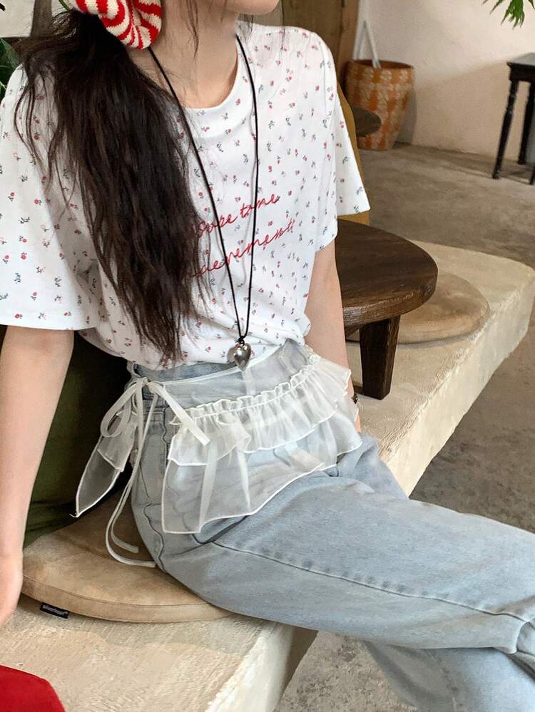 Women's Ruffled Hem Tie-Up A-Line Skirt, Fresh Korean Style