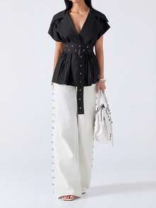 LYSMO 2026 New Minimalist Spring/Summer Women's Black Lapel Waist Hollow Button Design Casual Blazer - Black - View 5