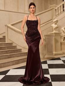 Coutiva 女士纯色亮片拼接修身正式晚礼服 - 酒紅色 - 查看 4