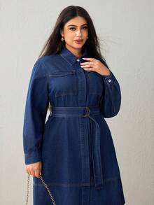 Selenza Plus Size Women's Fashion Denim Belted Dress Winter New Year - Dark Wash - View 6