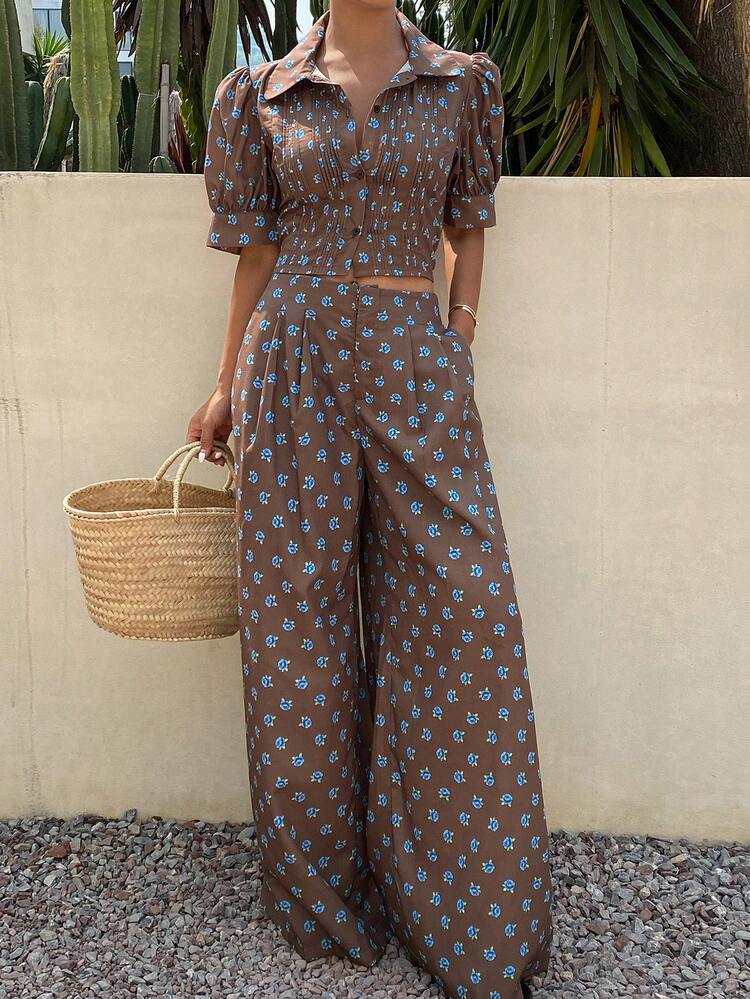 2pcs/Set Women's Ditsy Floral Pleated Shirt & Wide Leg Pants Casual Vacation Summer Outfit