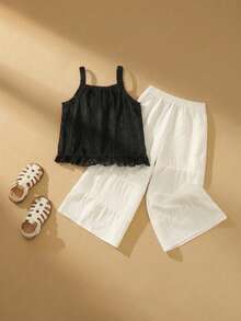 SHEIN 女童（小号）吊带背心套装，卡其色吊带背心和白色阔腿裤，休闲复古两件套 - 黑與白 - 查看 2