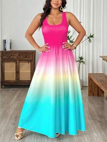 Breezaya Plus Size Gradient Color Sleeveless Midi Dress, Casual Vacation Style - Multicolor - View 3