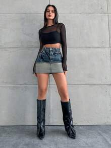 ZIRRA Women Blue Washed Mini Denim Skirt With Contrast Hem - Dark Wash - View 1