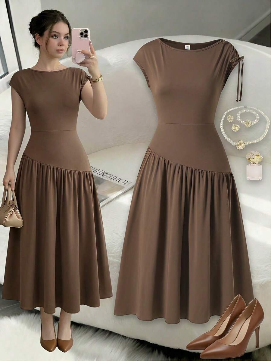 SHEIN This Is A Long Dress For Young Girl, Featuring A Moderate Length And A Casual Design. It Has A High Neckline With A Slight Sloping Shoulder Line; The Sleeves Are Puff-Shaped And Adorned With Folds. The Upper Part Of The Dress Is Fitted, While The Skirt Portion Is Loose And Has An A-Line Shape. It Is A Plain-Colored Dress Suitable For Summer Wear. - Coffee Brown - View 1