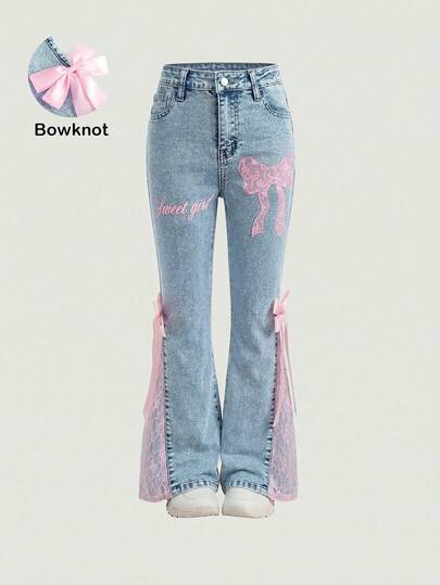 SHEIN Girlism Quần ống loe ôm sát bằng vải denim xanh, thun, có nơ và dây buộc màu hồng dành cho bé gái.