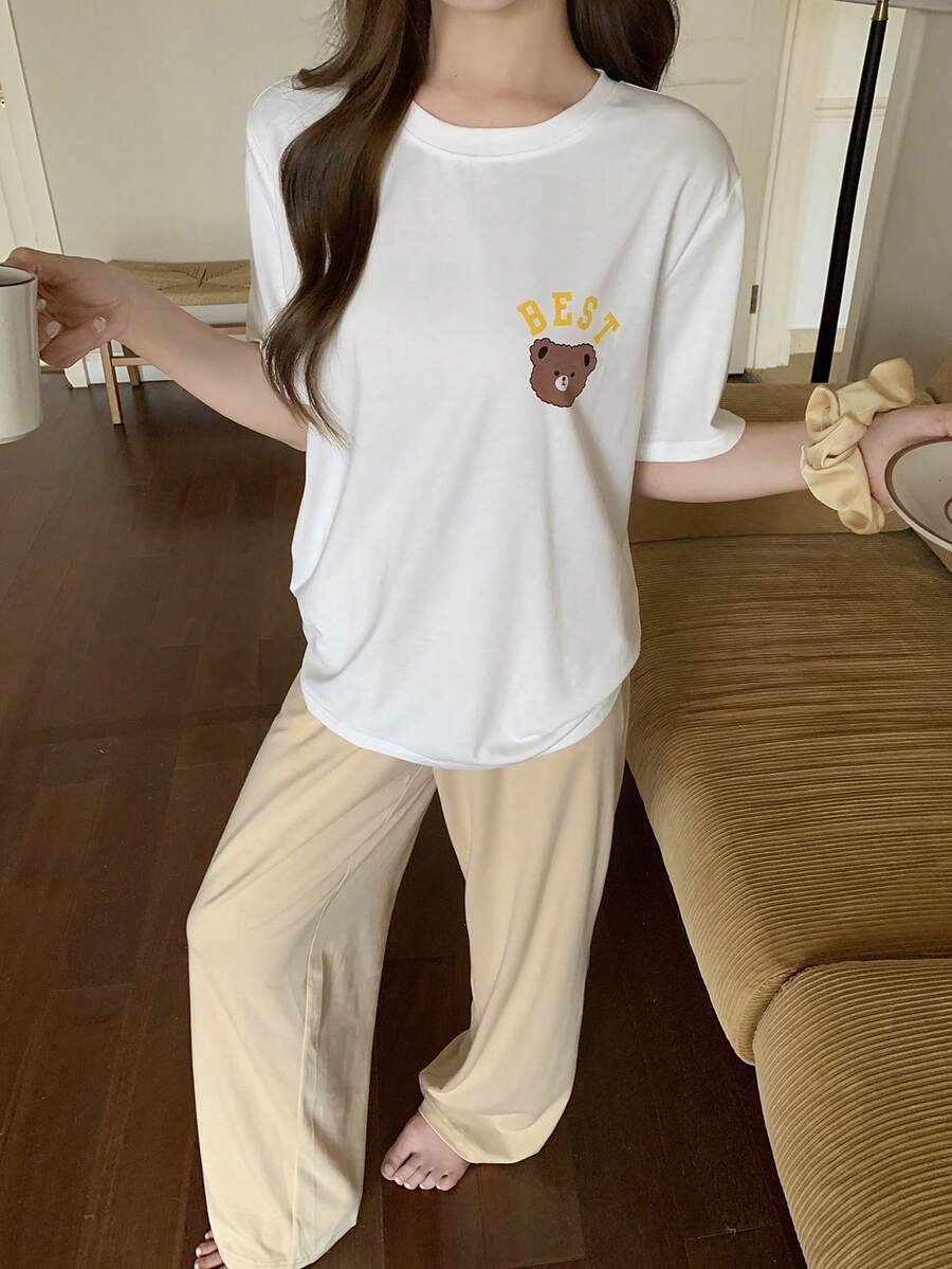 DAZY 女士可爱字母和小熊印花T恤和裤子睡衣套装，夏季 - 白色 - 查看 1