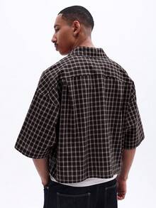 SUMWON Men Black Checkered Short Sleeve Button Down Casual Shirt With Script Embroidery Classic Collar Spring Summer - Black - View 2