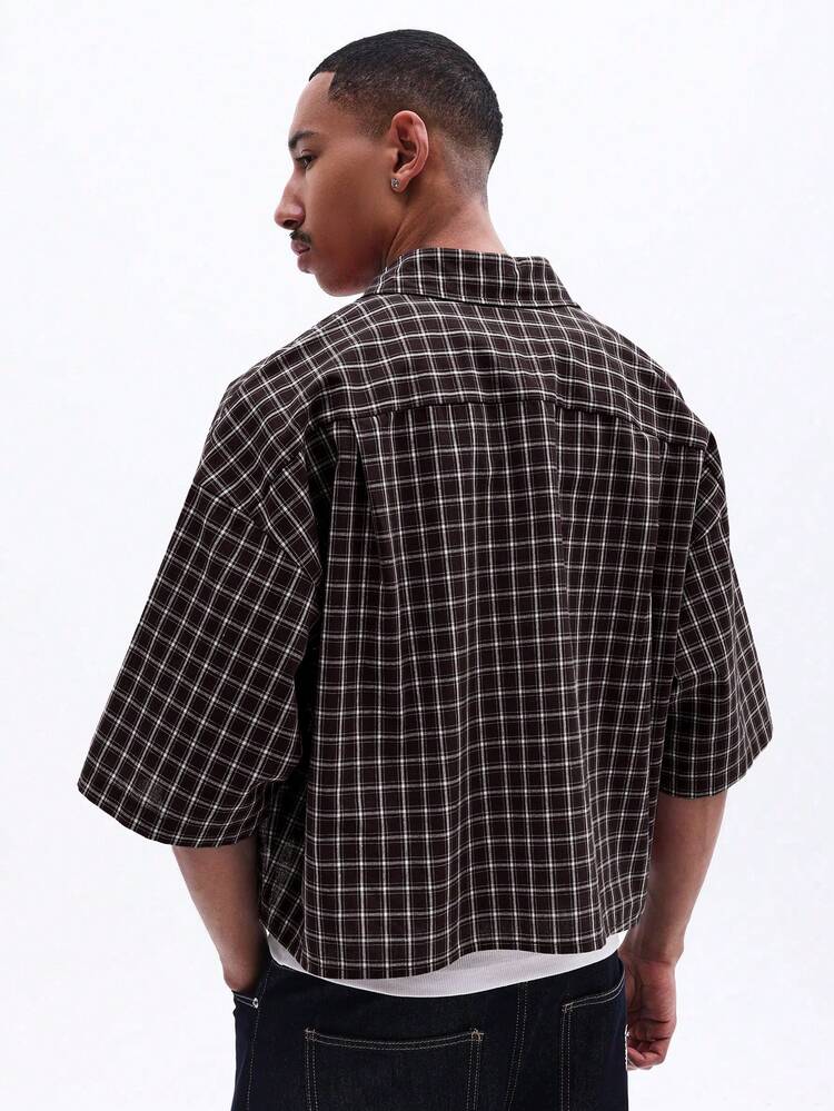 Men Black Checkered Short Sleeve Button Down Casual Shirt With Script Embroidery Classic Collar Spring Summer