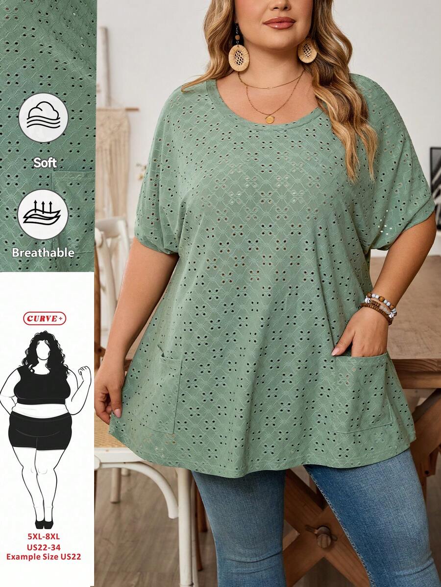 SHEIN CURVE+ Camiseta de manga de murciélago con cuello redondo, bolsillo y estampado floral colorido para tallas grandes
