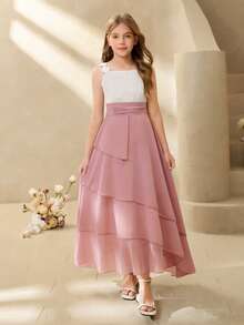 Đầm ren chiffon màu hồng thanh lịch không tay ôm sát người dành cho bé gái tuổi teen, thích hợp cho tiệc tối, Giáng sinh, Halloween, đám cưới, làm phù dâu, dạ hội, lễ tốt nghiệp, tựu trường và các dịp khác. - Hồng - Xem 1