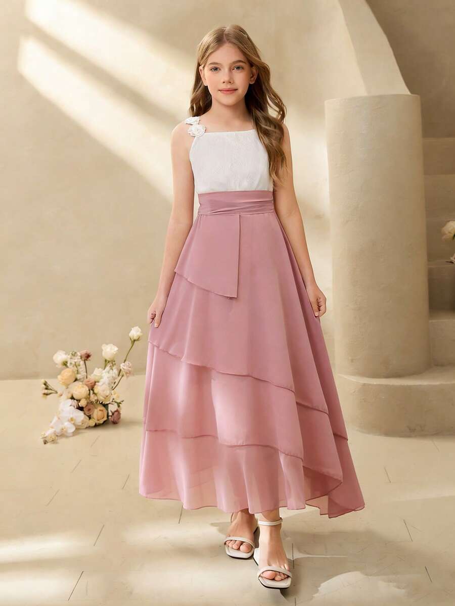 Đầm ren chiffon màu hồng thanh lịch không tay ôm sát người dành cho bé gái tuổi teen, thích hợp cho tiệc tối, Giáng sinh, Halloween, đám cưới, làm phù dâu, dạ hội, lễ tốt nghiệp, tựu trường và các dịp khác. - Hồng - Xem 1