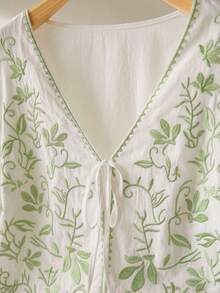 CosyJoli Áo sơ mi dáng rộng, tay phồng, thêu họa tiết, thắt nơ phía trước, kiểu dáng thường ngày. - trắng - Xem 5