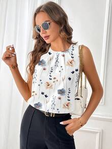 SHEIN Clasi 女士休闲优雅碎花无袖衬衫，碎花上衣，女士夏季服装 - 彩色 - 查看 5